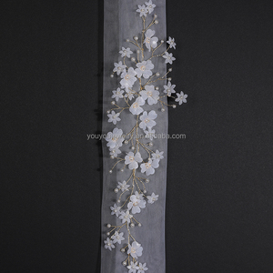 Velo de boda de gasa de tul corto Simple para niña, accesorios de flores de tela de perlas, velo de novia blanco - Product Image 4