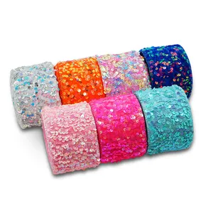 New arrival 75mm 3" Fabric Sequined Mesh Reversible Sequin Ribbon glitter brush ribbon for hair bow, home decoration