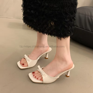 French-Style Women's High Heel Slippers Elegant <b>Open</b> Back Square Toe Slide Sandals All-Match Outwear With Slip-On Closure - Product Image 4
