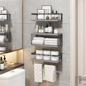 Ensemble de 3 étagères murales rustiques en <span class=keywords><strong>bois</strong></span> avec cadre métallique <span class=keywords><strong>et</strong></span> barre porte-serviettes pour salle de bain, <span class=keywords><strong>cuisine</strong></span>, chambre <span class=keywords><strong>et</strong></span> salon - Product Image 5