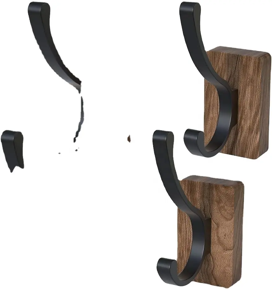 17 אינץ 'עץ עץ קיר רכוב מעיל עם 4 שחור כפול ווים דבק רכוב ווים entryway מודרני משטח עץ טבעי