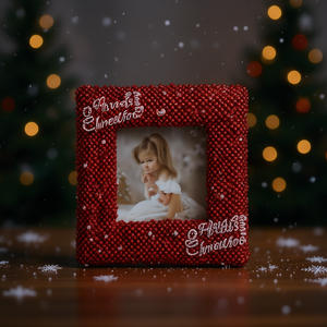 Christmas Ornament Square Red Beaded Frame Photo Holder Handmade Holiday Decoration - Product Image 2