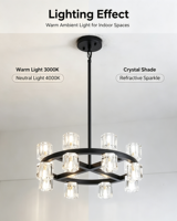 Lustre de luxe en cristal à 16 lumières, design roue de chariot noire, hauteur réglable, plafonnier LED avec abat-jour en cristal transparent