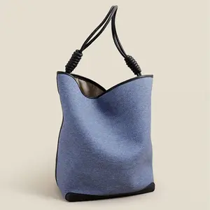 2023 Trendy Custom Luxury Design Fashion Denim Blue Leather Shoulder Tote Bucket Bag per donna Lady con borsa di grande capacità