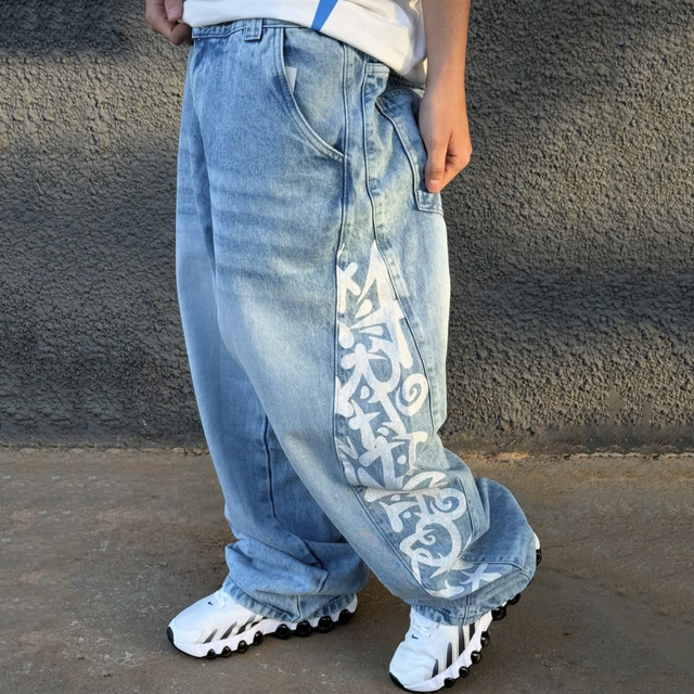 Custom Men Stonewashed Light Wash Baggy Wide Leg Denim Jeans Graffiti Printed Y2K Hip Hop Style
