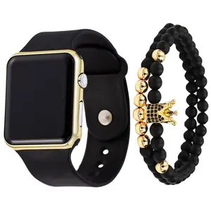 6231 Hot Men's Sport LED Watch Set With 2PCS Beads Bracelet Gift Set Square Silicone Digital Wristwatch Clock reloj hombre