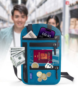 Fábrica al por mayor ajustable viaje cuello pasaporte titular bolsa transpirable tela de nailon RFID bloqueo viaje cuello cartera - Product Image 3