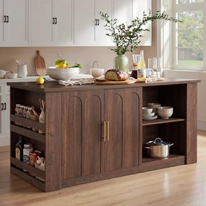 SENYU Mid Century <b>Modern</b> Wooden Kitchen Island with Arched Doors and Open <b>Shelving</b> Storage Cabinet - Product Image 1