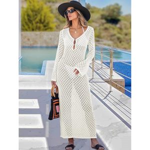 Robe de plage moulante FOXA pour femme, en crochet ajouré 100 % acrylique, manches longues, col en V profond, vêtements de vacances, été 2026 - Product Image 6