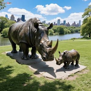 Decorazione pubblica su misura all'aperto del parco della città grande scultura animale di bronzo moderna della fusione a grandezza naturale del rinoceronte e dei cuccioli statua di bronzo - Product Image 3