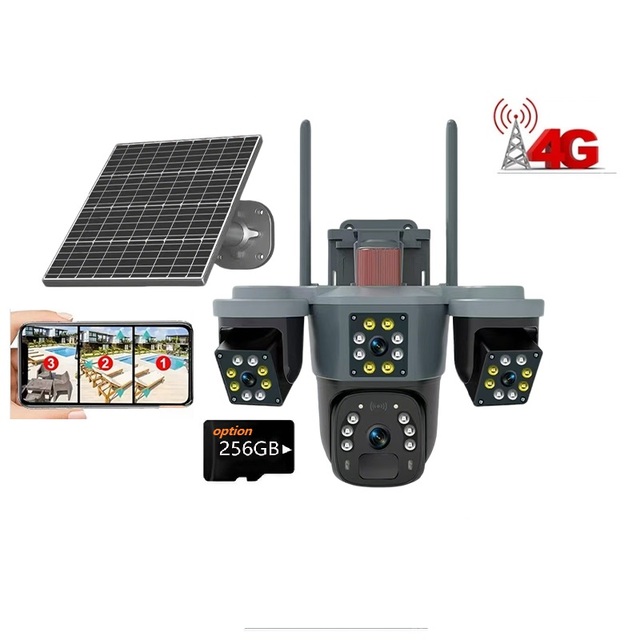 Solar Camera with 3 Lenses 360 Degree 3-in-1 Battery Powered 4G LTE SIM Card Network Security Camera Two-Way Audio Night Vision
