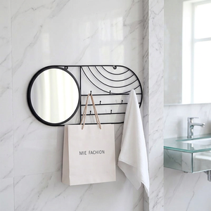 Minimalist Elegant Black Metal <b>Wall</b> <b>Mirror</b> With Hooks And <b>Round</b> Frame For Bathroom Decoration - Product Image 1