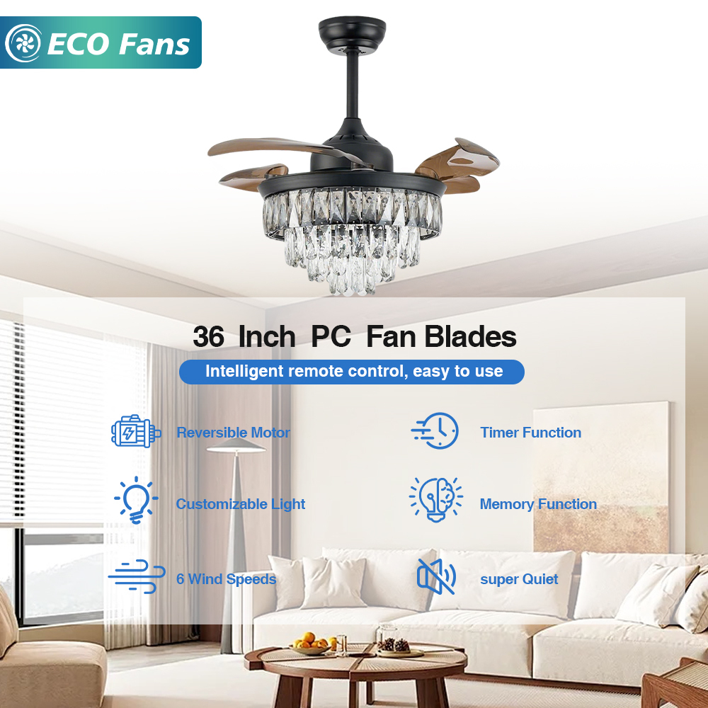 36 Inch European Luxury Crystal Ceiling Fan with Smart Remote and 3000-6500K Dimmable LED Light for Living Room