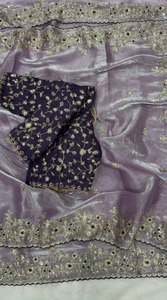 Sari en satin Fandy pur de qualité supérieure, avec pallu richement brodé de sequins, bordure élégante à motifs ajourés, idéal pour les fêtes, traditionnel, toutes saisons, prêt-à-porter. - Product Image 2