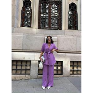 Women's <b>Purple</b> Short-Sleeved Jacket and Trouser Set with <b>Tie</b>-Detail - Product Image 3