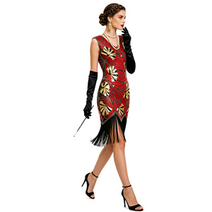 Robe de soirée rétro des années 1920 à col en V, à sequins et franges, style Gatsby, coupe fourreau, taille naturelle, en satin - Product Image 3