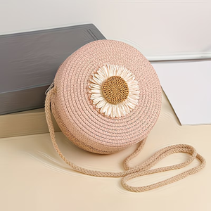 Bolsa Transversal de Palha Redonda Estilo Boêmio para Meninas, com Design Geométrico Aberto, Ideal para Férias na Praia – Atacado - Product Image 5