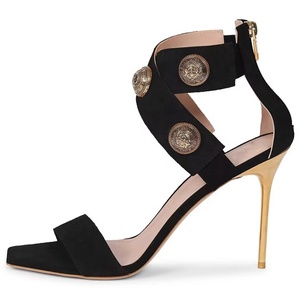 Sandalias de tacón de aguja de gamuza marrón para mujer, con decoración metálica, tacón alto, cremallera trasera y tira única, estilo zapatos de vestir - Product Image 2