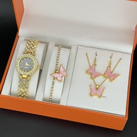 WGS-69 6PCS Set Jam Tangan Mewah Wanita Cincin Kalung Anting Berlian Imitasi Arloji Kasual Gelang Wanita Jam Tangan Reloj