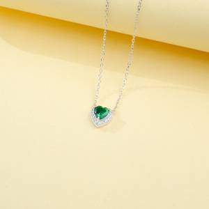 925 Sterling Silver Heart Cut Lab Created <b>Emerald</b> <b>Pendant</b> Necklace, Halo with Diamond Accents Fine Jewelry for Women - Product Image 2