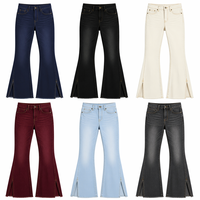 Pantalon évasé taille haute pour femme, en sergé de coton premium, avec fente latérale, ourlet effiloché brut, surpiqûres contrastées, coupe large