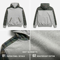Sweat-shirt à capuche OEM pour homme, style athlétique, coupe ample, premium, minimaliste, gris chiné avec empiècements à carreaux, en coton épais, streetwear