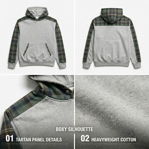 Sudadera con Capucha Minimalista Premium para Hombre, Estilo Deportivo, Color Gris Jaspeado con Paneles a Cuadros, Sudadera Gruesa de Algodón para Uso Diario - Product Image 3