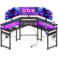 Table de jeu moderne en forme de L avec chaises et étagère, bureau d'ordinateur à domicile, bureau de jeu LED avec 2 prises – Offre spéciale
