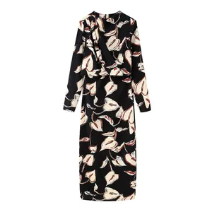 Kaopu Za Vrouwen Plooien Bloemenprint Midi Jurk Sexy Ronde Hals Lange Mouwen Rug Split Vrouwen Jurken Vestidos Mujer