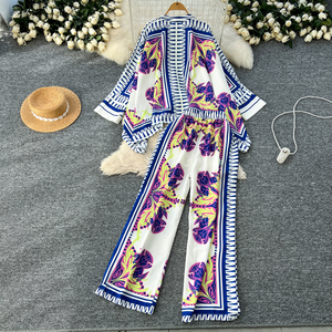 2025 mùa xuân mới hai mảnh thiết lập zr2201 đến không đối xứng áo + cao-eo rộng chân quần với in giảm béo cho phụ nữ. - Product Image 2