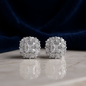 E3318 Orecchini in oro bianco con diamanti taglio smeraldo, gioielli classici naturali da donna - Product Image 2