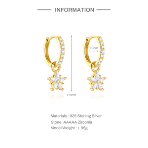 Pendientes de Aro Clásicos de Plata de Ley 925, Diseño Desmontable con Flores, Estrellas y Lunas, Pendientes de Aro con Flores Colgantes - Product Image 6