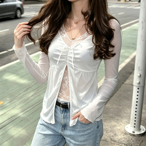 Women's White Lace <b>Mock</b> Two Piece Long Sleeve T-Shirt V-<b>Neck</b> Side Split A-Line Loose Fit Fall New Casual Blouse <b>Top</b> - Product Image 2