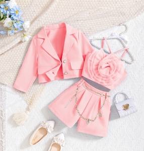 Abbigliamento per bambini set vestiti per ragazze primavera autunno giacca 3D gilet Shorts con catena di perle vestiti da <span class=keywords><strong>bambina</strong></span> - Product Image 3