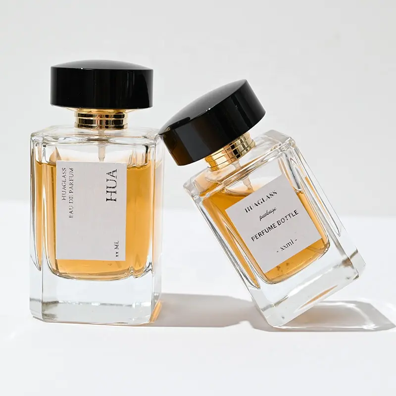 50ml 100ml Custom logo square luxury high end glass perfume spray bottle with black heavy cap