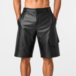 <span class=keywords><strong>Pantaloncini</strong></span> Corti da Uomo in Vera Pelle PU Goffrata, Stile Baggy, con Doppia Ginocchiera, Personalizzabili OEM - Product Image 1