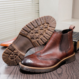 Retro genuine leather high-top business casual comfortable leather <b>boots</b> with brook carving pattern, fashionable men's <b>boots</b> - Product Image 4