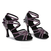 Chaussures de danse latine pour femmes, en satin et maille, avec strass violets, à bride croisée à la cheville, talons hauts, sandales de pratique pour la danse de salon et la salsa