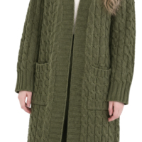 Cardigan long en maille torsadée pour femme, vert olive, ouvert sur le devant, avec poches plaquées en mohair, style manteau-pull, OEM ODM