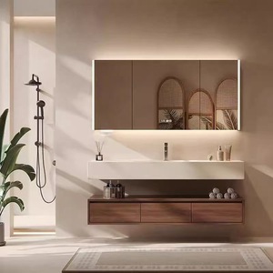 Mobile Bagno Moderno Minimalista in Legno Massello con Specchio LED e Piano in Pietra per Appartamenti, Hotel, Agriturismi, Scuole, Ville - Product Image 1