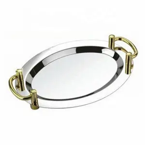 Stainless steel 201 oval Decorative Mirror Tray metal restaurant home hotel use Food Serving Trays with gold/silver handles