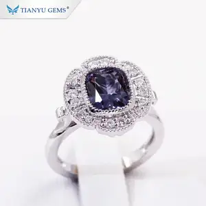 Tianyu gems Customized 14k/18k white gold ring 7*8mm cushion synthetic sapphire& moissanite engagement ring