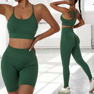 High Waist Solid Yoga Set <b>Women</b> Sports Bra and Shorts Activewear Elastic Waist Seamless Fitness Gym Outfit Plus Size 3-Piece - Product Image 3