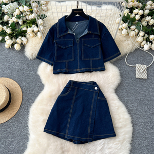 Nuevo otoño Color sólido Stitch Pockets Jeans Camisa Falda Conjunto Conjuntos de mezclilla para <span class=keywords><strong>mujer</strong></span> - Product Image 1