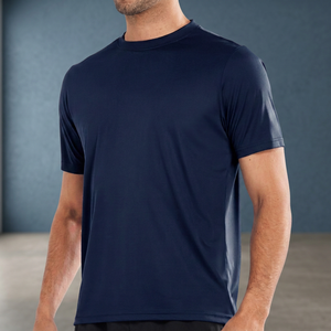 <b>Men's</b> <b>Navy</b> <b>Blue</b> Short Sleeve Quick Dry Polyester T-<b>Shirt</b> Regular Fit O-Neck Casual Solid Color Jersey Knit Top - Product Image 3