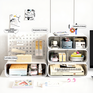 White <b>Plastic</b> Pegboard Desk Organizer with <b>Drawers</b> Wall Mounted <b>Storage</b> Unit Office Study Dormitory - Product Image 3