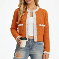 Veste courte en tweed orange à col rond pour femme, style pull ample en tricot bouclé, avec poches plaquées, marque privée
