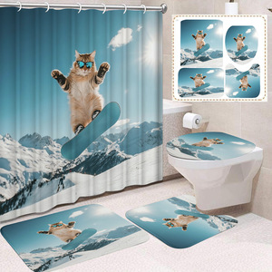 <b>Blue</b> <b>Sunglasses</b> Snowboard Cat Polyester Shower Curtain Bathroom Curtain Bathroom Curtain and Mat Set Digital Print Wholesale - Product Image 4