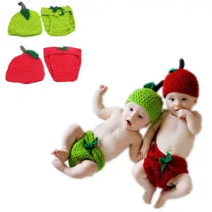 Baby Knit Apple Hat Pants Red Green Fruits Photography Props Knitted Clothes