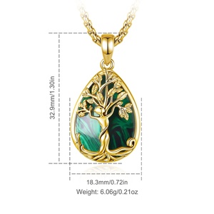 Collier <span class=keywords><strong>Arbre</strong></span> de Vie en Malachite Verte en Gros, Pendentif Spirituel en Cuivre Plaqué Or 18K en Forme de Goutte pour Femme - Product Image 2